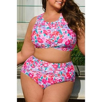 Rose Plus Size Floral Print Twisted High Waist Bikini Set - 3X thumbnail