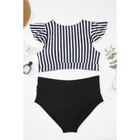 Black Stripe Plus Size Knot Cutout Ruffle Sleeve and High Waisted 2pcs Swimsuit - 3X thumbnail