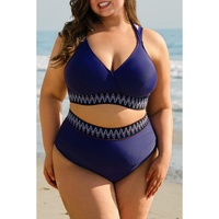 Navy Blue Embroidered Trim Wrap Tie Knot Plus Size High Waisted Bikini - 1X thumbnail