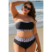 Black 2pcs Leopard Patchwork Plus Size High Waisted Swimsuit - 3X thumbnail