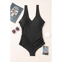 Black Solid Color U Neck Padded Plus Size One Piece Swimsuit - 2X thumbnail