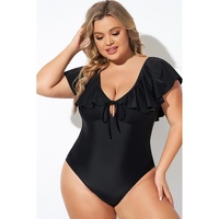 Black Ruffled Sleeve Lace-up V Neck Plus Size One Piece Swimsuit - 3X thumbnail
