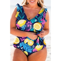 Blue Plus Size Printed V Neck Wrap Knot Ruffled One Piece Swimwear - 3X thumbnail