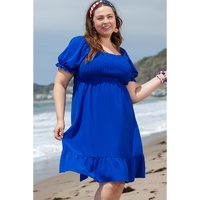 Dark Blue Shirred Ruffled Square Neck Plus Size Mini Dress - 1X thumbnail