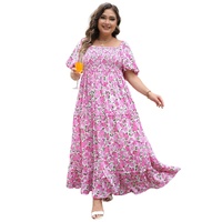 Pink Plus Size Floral Print Smocked Puff Sleeve Dress - 1X thumbnail