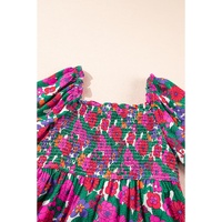 White Plus Size Floral Frilled Square Neck Shirred Long Sleeve Dress - 2X thumbnail