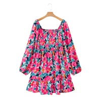Rose Flower Print Smocked Square Neck Plus Size Dress - 3X thumbnail