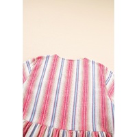 White Stripe Plus Size Embroidered Detail Flared 3/4 Sleeve V Neck Dress - 3X thumbnail