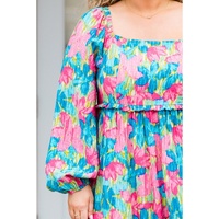Sky Blue Floral Allover Print Shirred Square Neck Plus Size Maxi Dress - 1X thumbnail