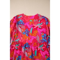 Rose Tropical Printed Lantern Sleeve V Neck Ruffled Plus Size Mini Dress - 4X thumbnail
