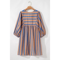 Khaki Stripe Contrast Striped Print 3/4 Sleeve Babydoll Plus Size Dress - 2X thumbnail