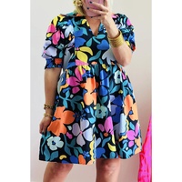 Blue Split Neck Collared Plus Floral Dress - 1X thumbnail