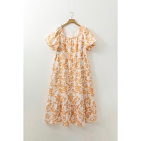 Apricot Floral Print Puff Short Sleeve Resort Plus Size Maxi Dress - 2X thumbnail