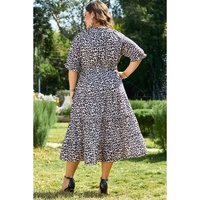 Brown Leopard Tassel Tied Neck Short Sleeve Plus Size Dress - 4X thumbnail