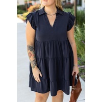 Navy Blue Collared V Neck Flutter Sleeve Tiered Plus Size Dress - 4X thumbnail
