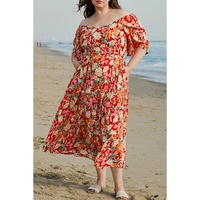Orange Floral V Neck Flutter Sleeve Cinched Waist Long Plus Size Dress - 2X thumbnail