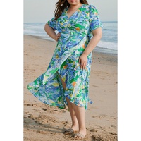 Green Leaves Print Short Sleeve Surplice Neck Ruffled Trim Plus Size Maxi Dress - 1X thumbnail