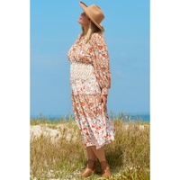 Khaki Plus Size Floral Tiered Ruffle Maxi Dress - 1X thumbnail