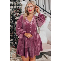 Meadow Mauve Plus Size Textured Velvet Tiered Buttons Tiered Dress - 1X thumbnail