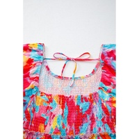 Rose Abstract Printed Puff Sleeve Square Neck Smocked Bust Tied Back Plus Size Dress - 4X thumbnail