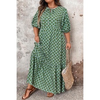 Green Geometric Floral Print Half Sleeve Plus Size Maxi Dress - 2X thumbnail