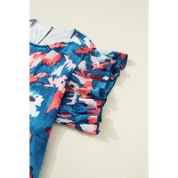 Blue Abstract Print Shirred Ruffled Short Sleeve Tiered Plus Size Mini Dress - 3X thumbnail