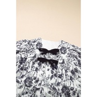Black Floral Print Bow Detail Puff Sleeve Plus Size Midi Dress - 4X thumbnail