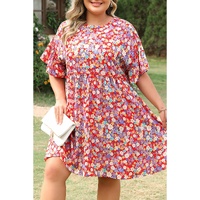 Red Dainty Flower Printed Plus Size Short Sleeve Shift Dress - 1X thumbnail
