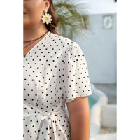 Khaki Polka Dot Surplice V Neck Tied Waist Flutter Sleeve Flowy Plus Size Midi Dress - 2X thumbnail