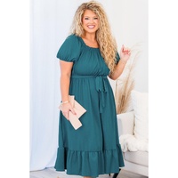 Skobeloff Frilled U Neck Puff Sleeve Belted Ruffle Hem Plus Size Midi Dress - 4X thumbnail