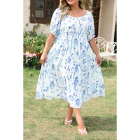 Sky Blue Floral Print Sweetheart Neck Plus Size Midi Dress - 2X thumbnail