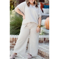 Beige Plus Size Textured Collared Top and Pants Set - 1X thumbnail