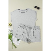 Gray Contrast Stitching Cuffed Sleeve Plus Shorts Set - 1X thumbnail