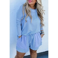 Light Blue Plus Size Ribbed Long Sleeve Top and Drawstring Shorts Set - 1X thumbnail