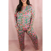 Green Plus Size Printed Long Sleeve and Pants Lounge Set - 4X thumbnail