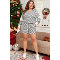 Black Stripe Collared V Neck Long Sleeve Top Plus Shorts Set - 3X thumbnail