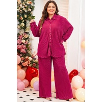Rose Red Plus Size Ribbed Long Sleeve Shirt and Pants Pajama Set - 1X thumbnail