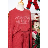 Racing Red MERRY Ribbed Knit Long Sleeve Lace-up Waist Plus Size Set - 2X thumbnail