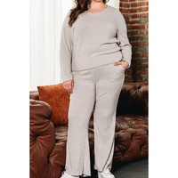 Parchment Plus Size Ribbed V Neck Pullover and Pants Set - 1X thumbnail