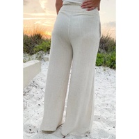 Beige Smocked High Waist Wide Leg Plus Size Pants - 3X thumbnail