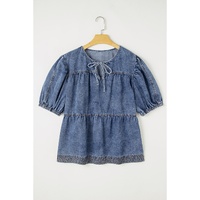 Sail Blue Plus Drawstring V Neck Puff Sleeve Denim Blouse - 4X thumbnail