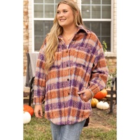 Multicolour Plus Size Plaid Print Collared Button up Jacket - 1X thumbnail