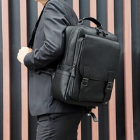Men Black Cowhide Leather Backpack for Casual Business with Laptop Compartment thumbnail