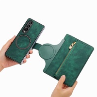 Vintage Magnetic Wallet Case for Samsung Galaxy z Fold 4 - Zipper Closure - Green thumbnail
