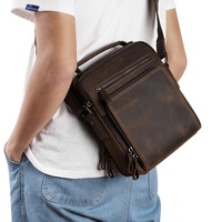 Men Large Capacity One Shoulder Leather Messenger Bag - Napa Texture Black thumbnail