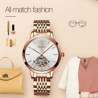 Waterproof Automatic Mechanical Watch for Women with Simple Hollow Design - Rose Gold Steel Strip White thumbnail