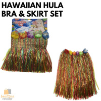 HAWAIIAN HULA BRA & SKIRT SET Tropical Costume Dress Lei Grass Flower Party thumbnail