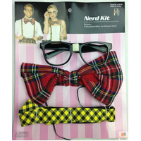 NERD COSTUME KIT Set Geek Glasses Fancy Dress Retro Funny Braces Bow Tie Party thumbnail