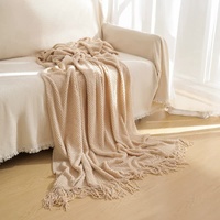 Beige Premium Woven Knitted Throw Blanket with Tassels | Soft, Cozy Sofa & Bed Blanket, Perfect for Office or Afternoon Naps 127x172cm thumbnail