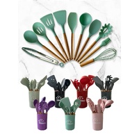 Light Green And Brown 12-Piece Silicone Kitchen Utensil Set - Non-Stick Food-Grade Silicone Cooking Tools with Wooden Handles and Holder thumbnail